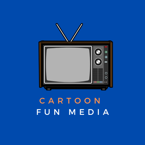 "Retro TV logo for 'Cartoon Fun Media' on a blue background, featuring a vintage television illustration with colorful text."