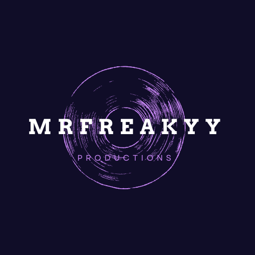"Logo of Mrfreakyy Productions with bold white 'MRFREAKYY' and 'productions' integrated on a purple CD placed on dark blue background"