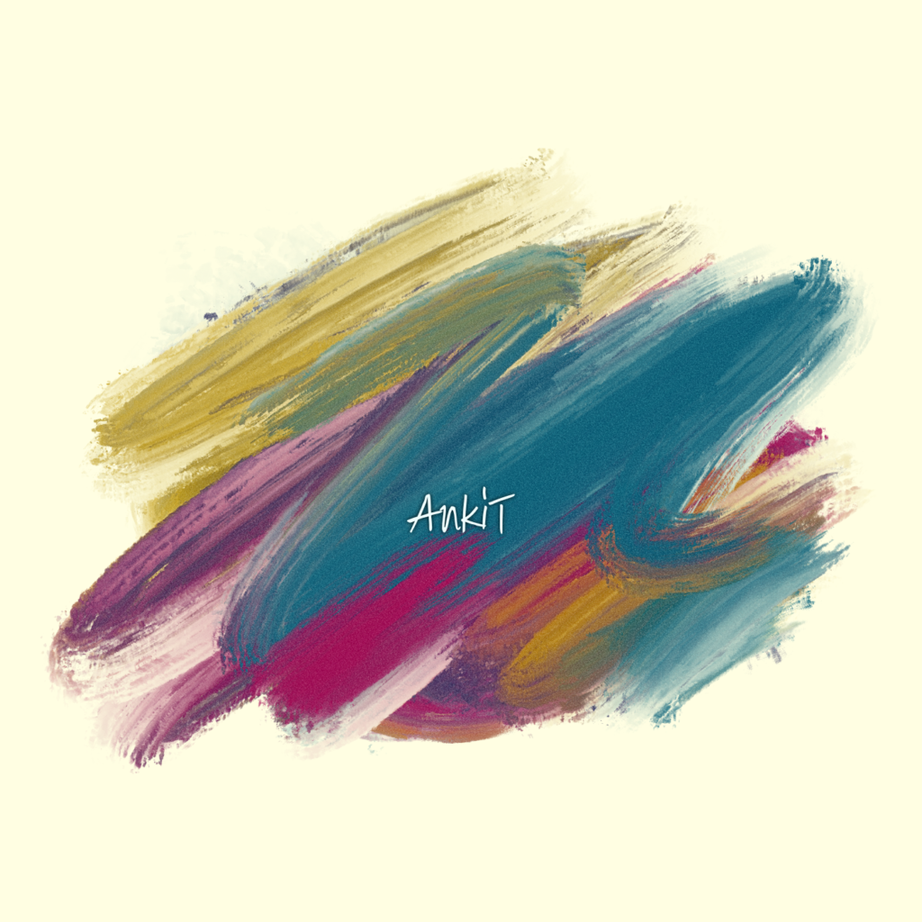 "Abstract watercolor-style logo with bold, colorful brushstrokes on a soft yellow background, featuring the name 'Ankit' in handwritten font."