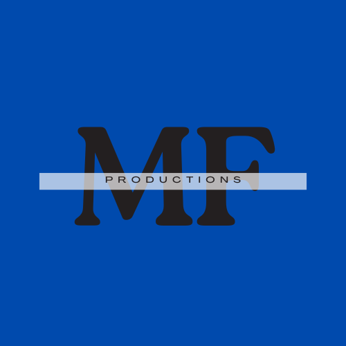 "Minimalist logo of MF Productions with bold black 'MF' letters and a gray horizontal bar containing the word 'Productions' on a solid blue background."